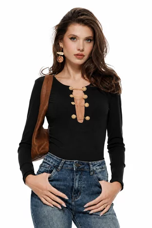 Body dama negru din rayon premium cu decolteu generos si nasuri aurii