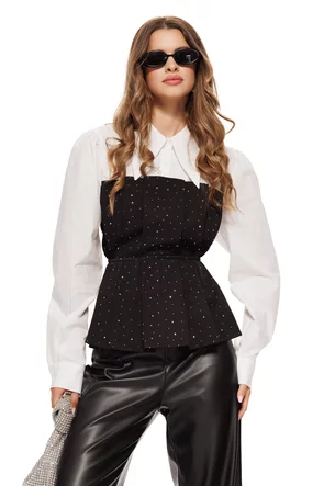 Camasa dama alba eleganta din bumbac premium cu corset in pliuri cu strasuri