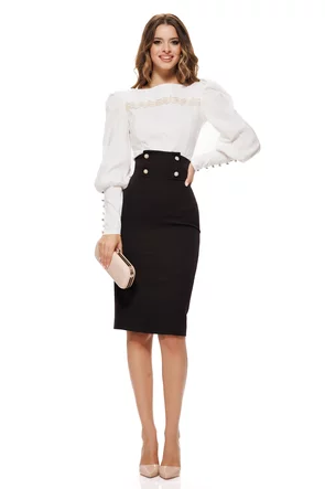 Camasa dama alba Fofy cu mansete late si aplicatie dantela delicata aurie