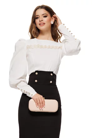 Camasa dama alba Fofy cu mansete late si aplicatie dantela delicata aurie