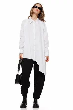 Camasa dama alba premium din bumbac cu croi modern asimetric