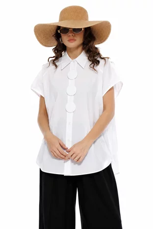 Camasa dama alba premium oversize din bumbac 100% cu nasturi maxi detasabili