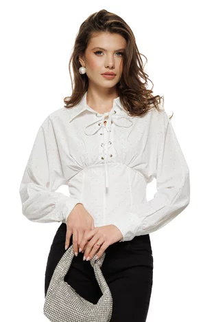 Camasa dama alba stil corset cu decolteu reglabil si aplicatii de strasuri