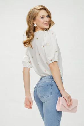 Camasa dama eleganta alba din bumbac premium cu floricele romantice brodate