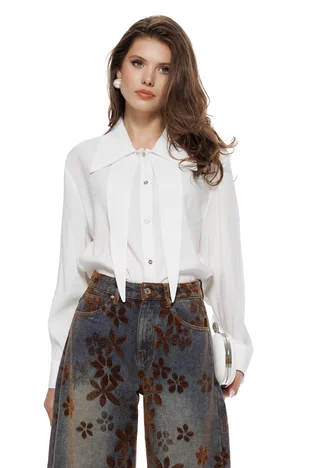 Camasa dama eleganta alba premium din modal cu doua gulere maxi