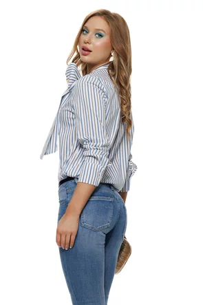 Camasa dama eleganta baby blue din bumbac cu dungi si funda maxi innodata