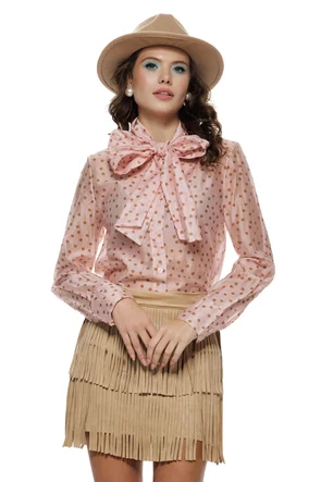 Camasa dama eleganta cristal rose din organza de tencel cu buline si funda maxi innodata