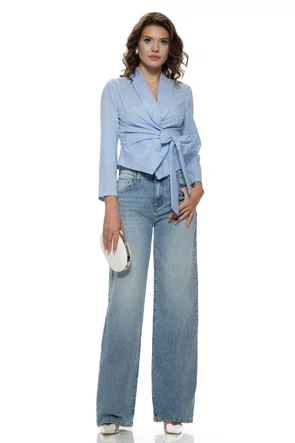 Camasa dama eleganta cu revere fronseuri si funda din bumbac baby blue cu dungi revere