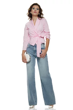 Camasa dama eleganta cu revere fronseuri si funda din bumbac cristal rose cu dungi revere