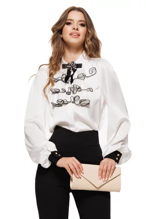 Camasa dama eleganta Fofy satinata cu jabou stratificat conturat cu surje negru si mansete negre