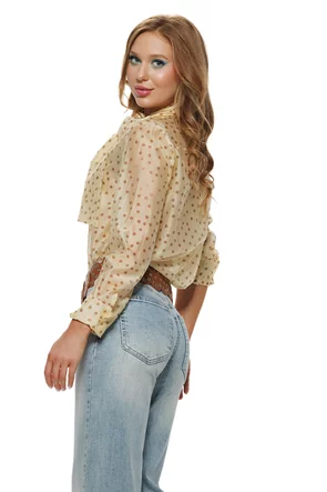 Camasa dama eleganta galben lemon juice din organza de tencel cu buline si funda maxi innodata