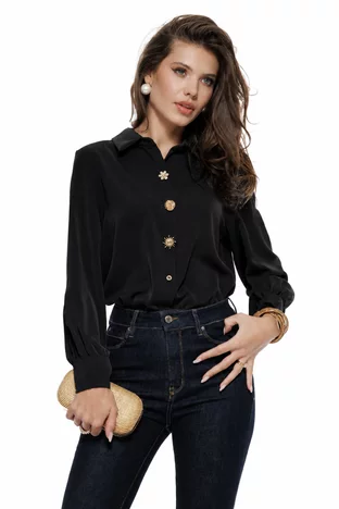 Camasa damă eleganta neagra cu nasturi bijuterie material fluid netransparent