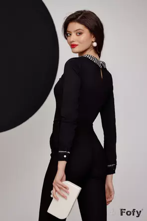 Camasa dama eleganta neagra Fofy cu guler plisat stil jabou