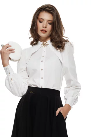 Camasa dama Fofy alba premium cu guler maxi ascutit si brosa detasabila