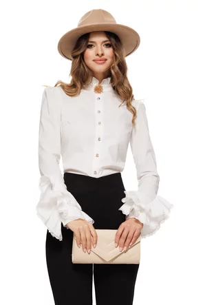 Camasa dama Fofy alba premium cu maneci elaborate conturate cu dantela si brosa delicata