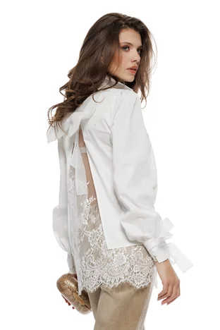 Camasa dama Fofy alba premium din bumbac cu dantela si funda organza