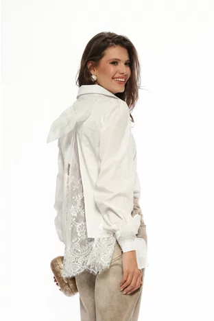 Camasa dama Fofy alba premium din bumbac cu dantela si funda organza