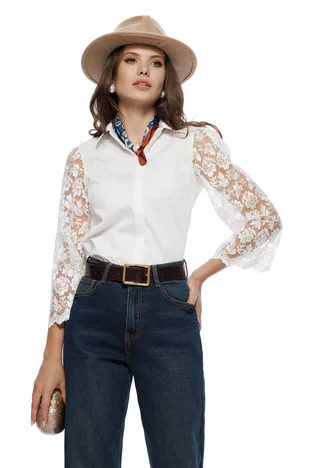 Camasa dama Fofy alba premium din poplin cu maneci 3/4 de dantela