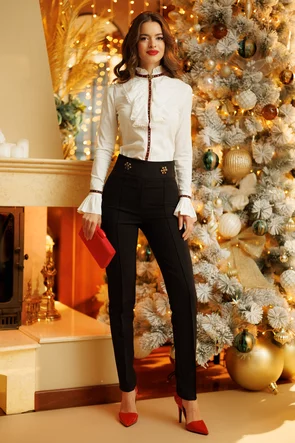 Camasa dama Fofy ecru premium  cu jabou conturat cu dantela si banda etno