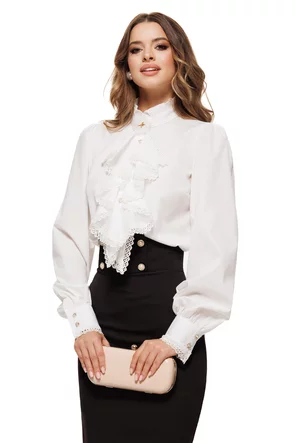 Camasa dama Fofy ecru premium din poplin cu jabou conturat cu dantela si brosa