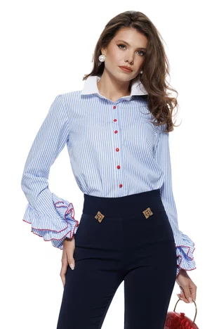 Camasa dama Fofy premium din bumbac cu volane elaborate si accente rosii