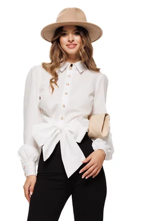 Camasa dama office Fofy din bumbac alba cu  funda supradimensionata in talie si nasturi bijuterie