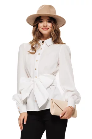 Camasa dama office Fofy din bumbac alba cu  funda supradimensionata in talie si nasturi bijuterie