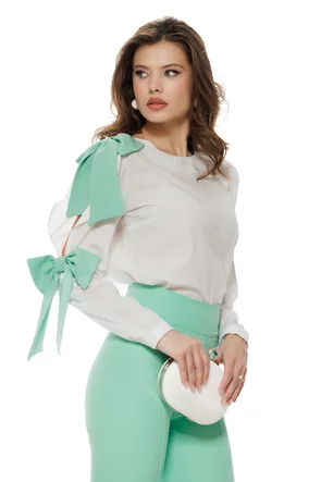 Camasa dama office Fofy din bumbac alba, maneca despicata si fundite verde menta