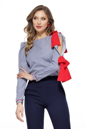 Camasa dama office Fofy din bumbac albastra cu dungi , maneca despicata si fundite