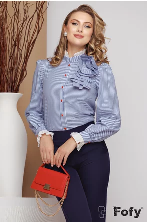 Camasa dama office Fofy din bumbac bleumarin cu dungi si floare 3D spiralata