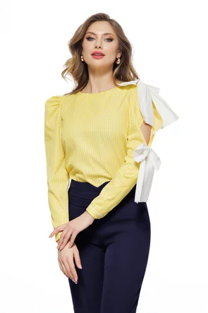 Camasa dama office Fofy din bumbac galbena cu dungi , maneca despicata si fundite