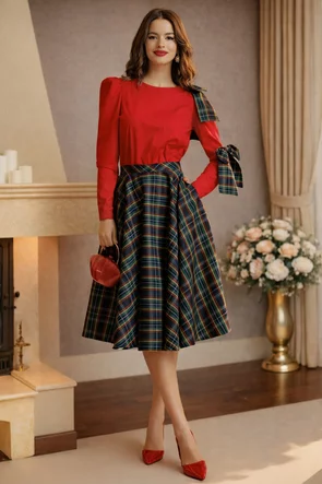 Camasa dama office Fofy din bumbac rosie , maneca despicata si fundite in carouri