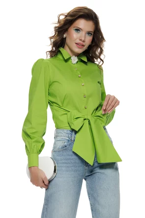 Camasa dama office Fofy din bumbac verde lime cu  funda supradimensionata in talie brosa decorativa la guler