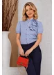 Camasa dama office Fofy maneca scurta din bumbac bleumarin cu dungi si floare 3D spiralata