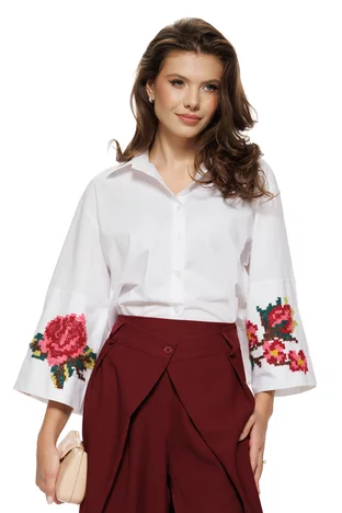 Camasa dama premium alba din bumbac 100% cu mansete late brodate