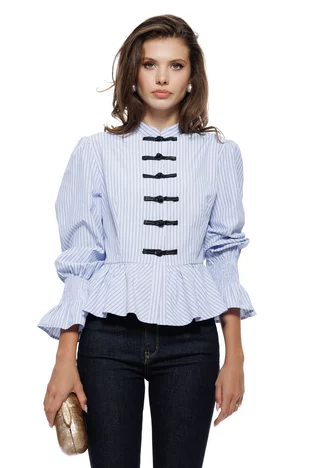 Camasa dama premium bleu cu dungi fine inchideri asiatice peplum si volane