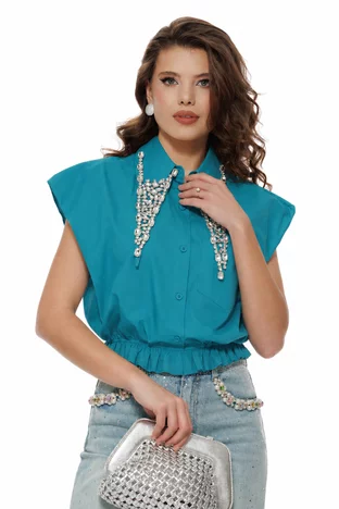 Camasa dama premium cu guler ascutit accesorizat cu cristale