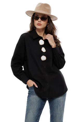 Camasa dama premium din bumbac negru cu accesorii maxi sidefate