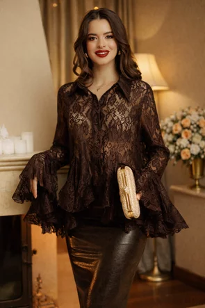 Camasa dama sofisticata maro din dantela premium cu volane ample