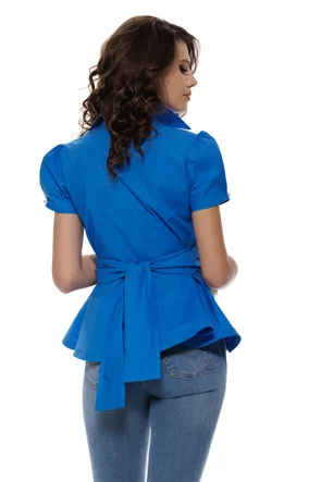 Camasa Fofy albastru electric peplum  si cordon detasabil cu accesoriu metalic auriu