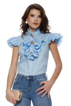 Camasa Fofy baby blue de vara din bumbac usor elastic cu jobou, maneci cu volane si nasturi decorativi