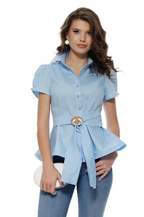 Camasa Fofy baby blue peplum  si cordon detasabil cu accesoriu metalic auriu