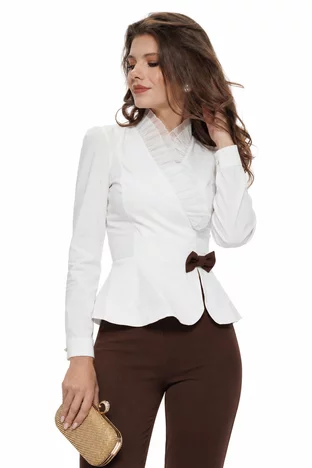 Camasa Fofy dama alba decoltata cu volane plisate si funda detasabila mocca mouse