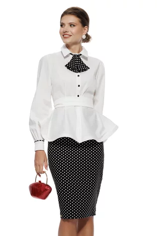Camasa Fofy eleganta alba cu nasturi negrii, peplum, cordon si jabou detasabil cu buline