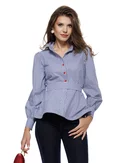 Camasa Fofy eleganta albastra in carouri fine cu nasturi rosii, peplum si cordon detasabil picture - 1