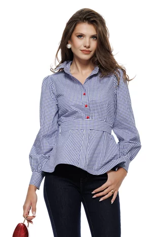 Camasa Fofy eleganta albastra in carouri fine cu nasturi rosii, peplum si cordon detasabil