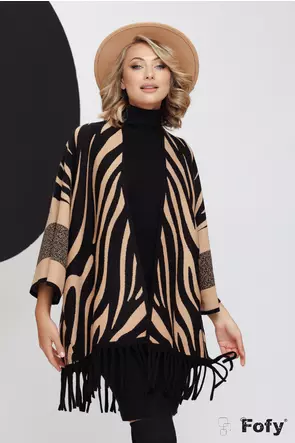 Cardigan dama premium din tricot cu imprimeu zebra bej cu negru