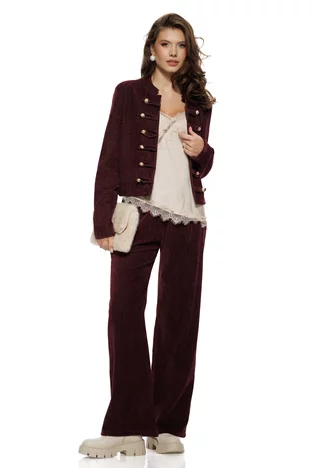 Compleu dama casual bordo din tesatura premium catifelata tunica cu nasturi metalici si pantalon drept