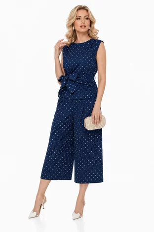 Compleu dama casual din bumbac 100% bleumarin cu buline pantalon cu centura si bluza cu nod stilizat