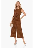 Compleu dama casual din bumbac 100% maro cu buline pantalon cu centura si bluza cu nod stilizat picture - 1